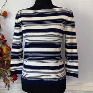Ralph Lauren Navy Blue White Ribbed Boat Neck Long Sleeve Ribbed M